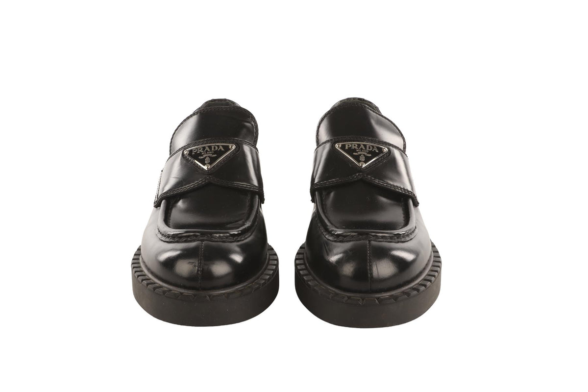 PRADA BLACK LEATHER PLATFORM LOAFERS EU 37 UK 4 US 7