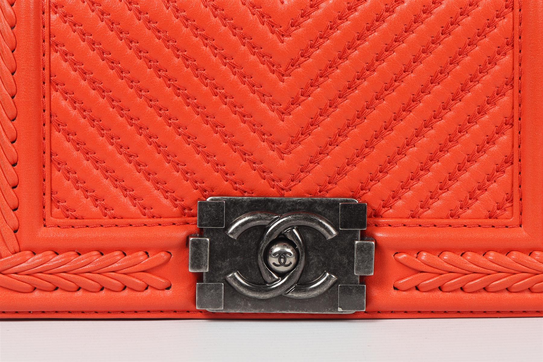 CHANEL ORANGE 2017 BOY SMALL CHEVRON LEATHER SHOULDER BAG