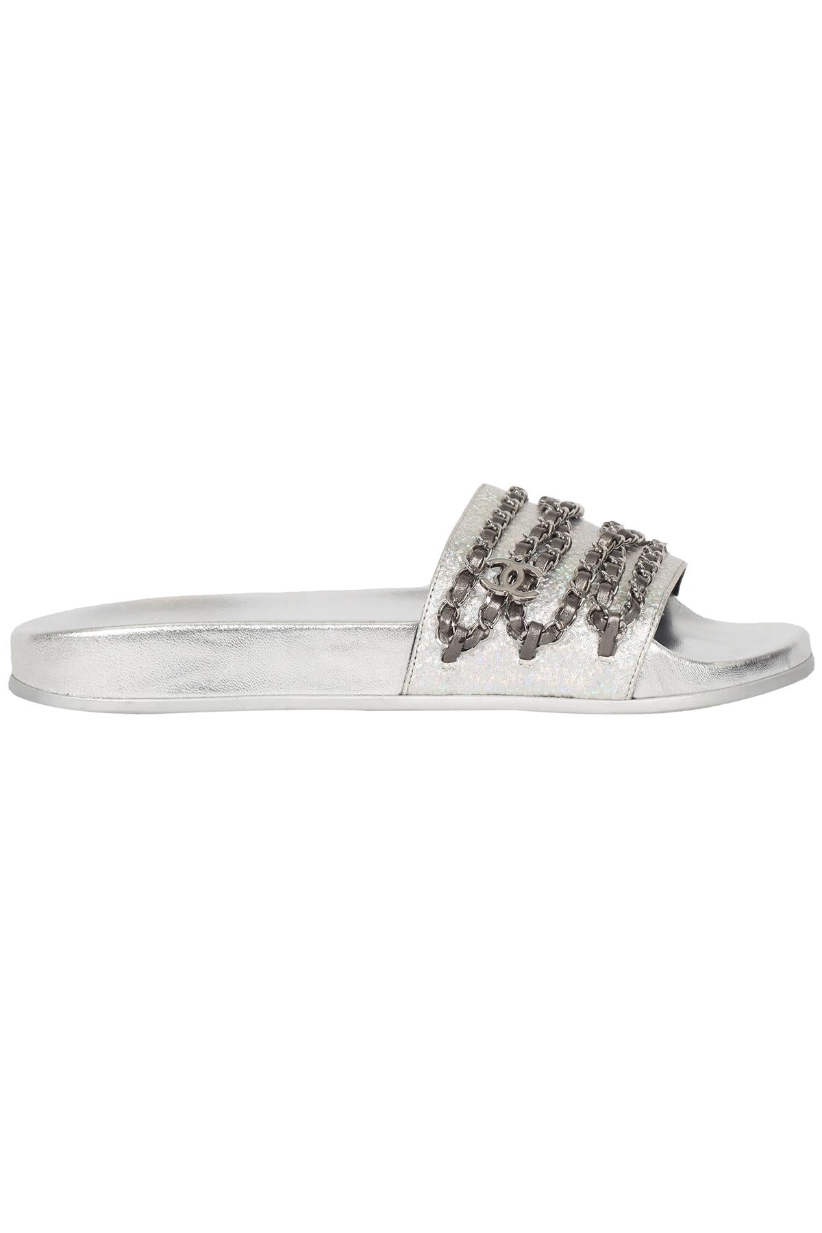 CHANEL 2017 TROPICONIC CHAIN AND LEATHER SLIDES EU 39 UK 6 US 9