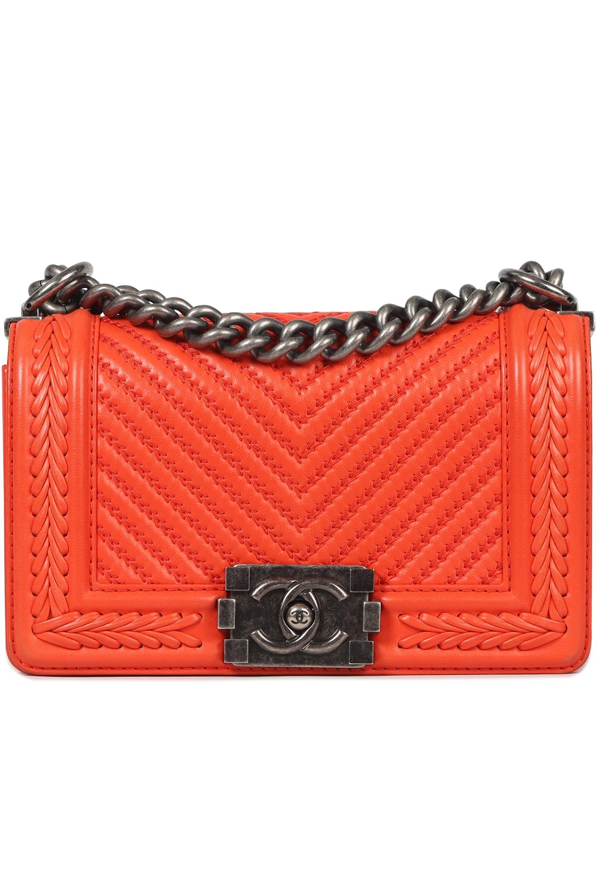 CHANEL ORANGE 2017 BOY SMALL CHEVRON LEATHER SHOULDER BAG