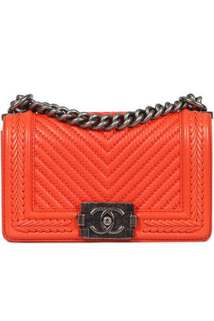 CHANEL ORANGE 2017 BOY SMALL CHEVRON LEATHER SHOULDER BAG