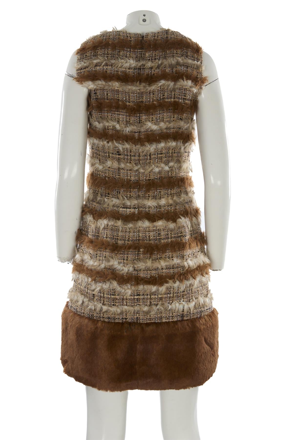 CHANEL BROWN 2010 FAUX FUR AND TWEED MINI DRESS FR 38 UK 10