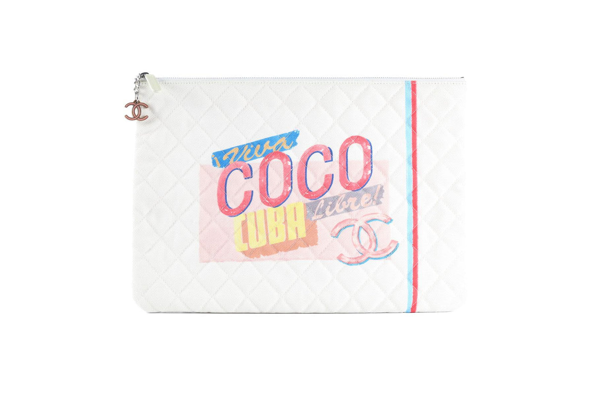 CHANEL WHITE 2017 O-CASE LARGE CANVAS CLUTCH