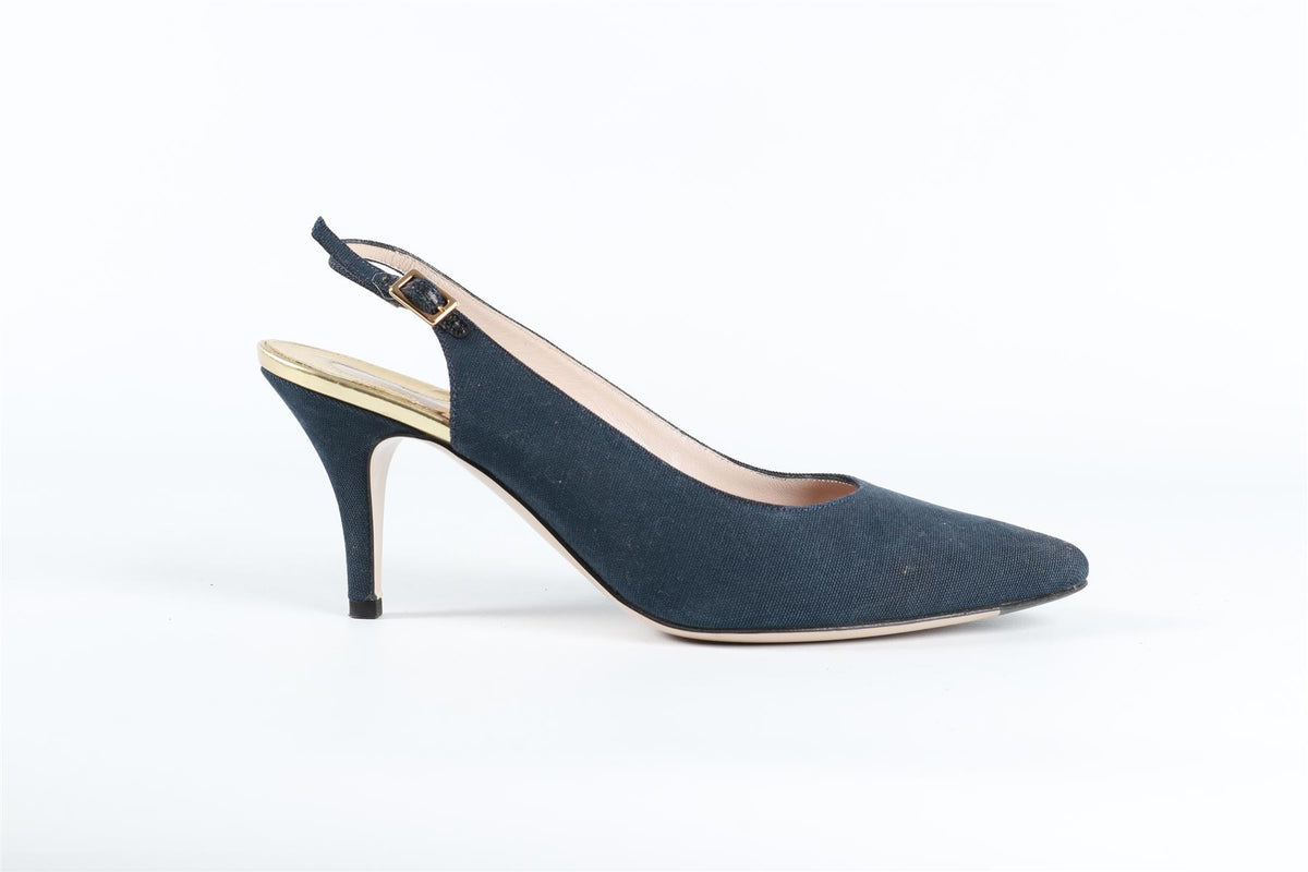 SALVATORE FERRAGAMO BLUE CANVAS SLINGBACK PUMPS