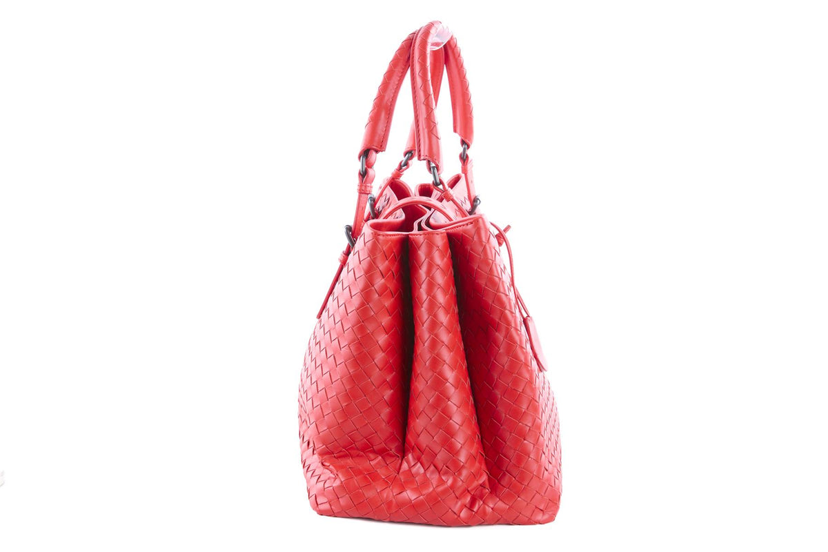 BOTTEGA VENETA RED ROMA LARGE INTRECCIATO LEATHER TOTE BAG