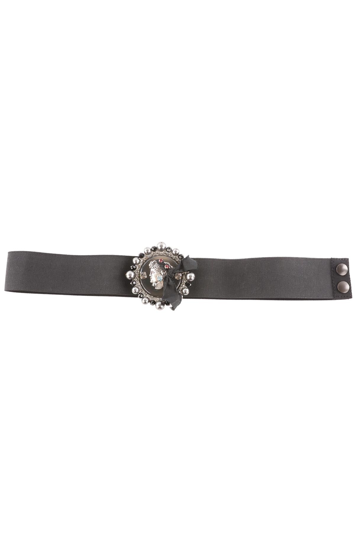LANVIN BLACK CRYSTAL AND FABRIC WAIST BELT MEDIUM