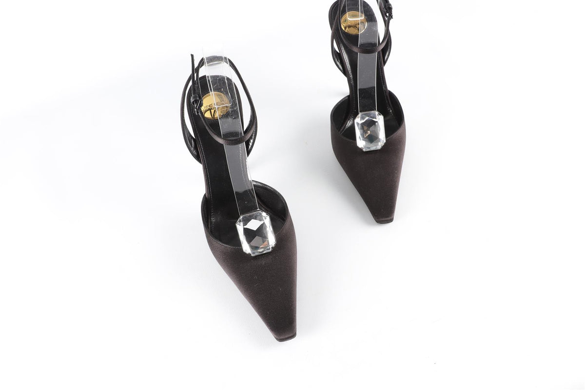 SAINT LAURENT BLACK HARLOW CRYSTAL AND SATIN PUMPS EU 39 UK 6 US 9