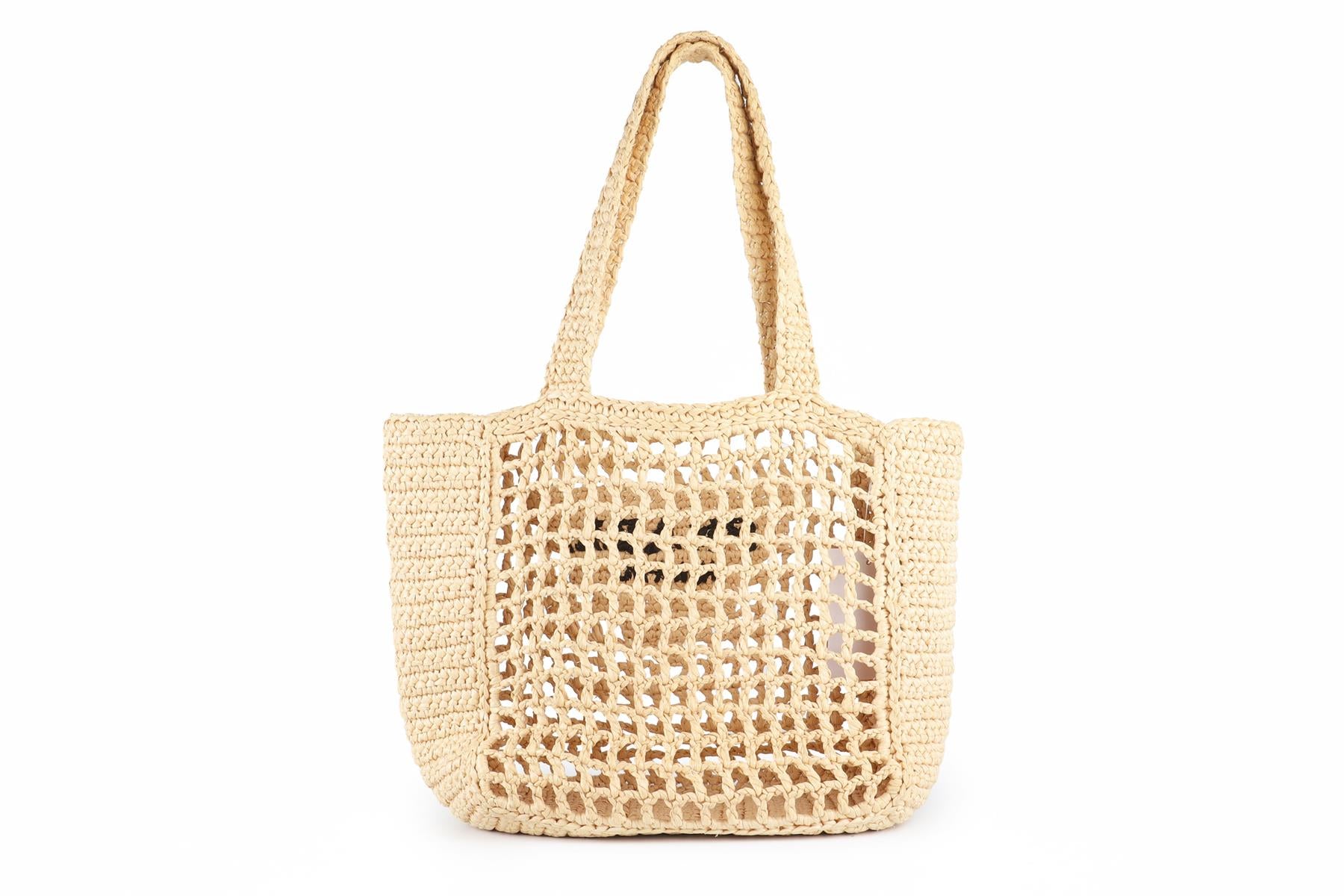 PRADA BEIGE SMALL RAFFIA TOTE BAG