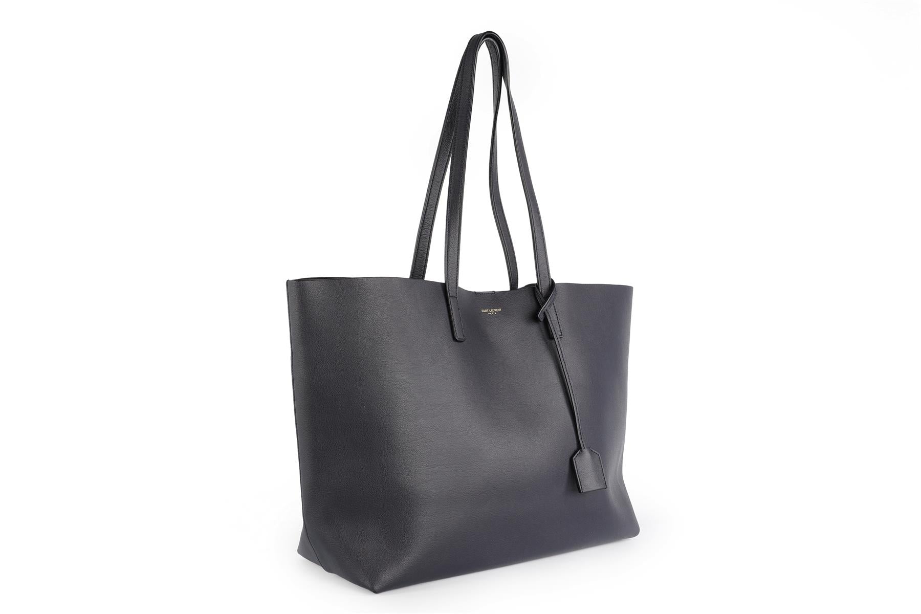 SAINT LAURENT NAVY SHOPPING E/W LEATHER TOTE BAG
