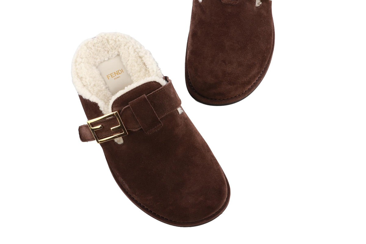FENDI BROWN FEEL SHEARLING AND SUEDE MULES EU 38 UK 5 US 8