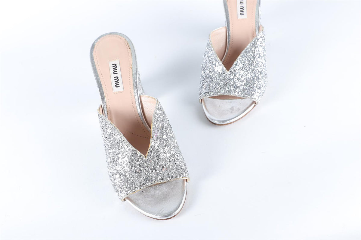 MIU MIU SILVER GLITTER MULES