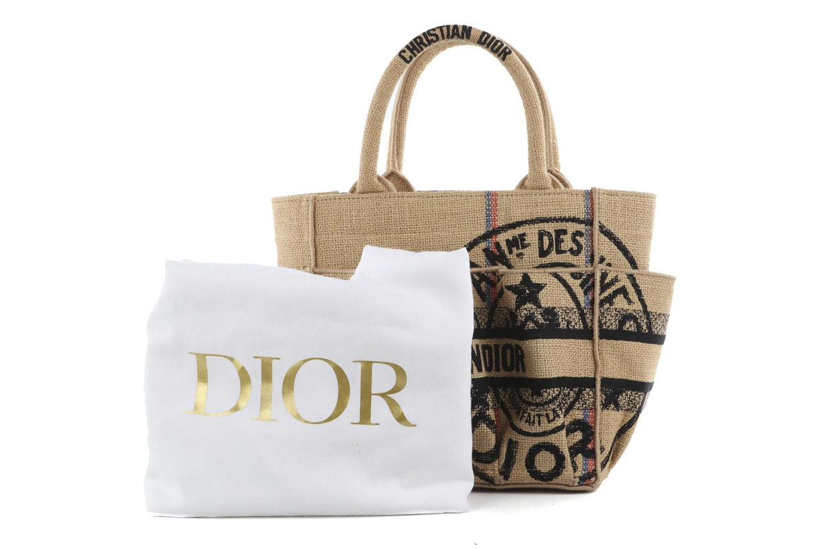 CHRISTIAN DIOR BEIGE 2022 CATHERINE SMALL JUTE TOTE BAG