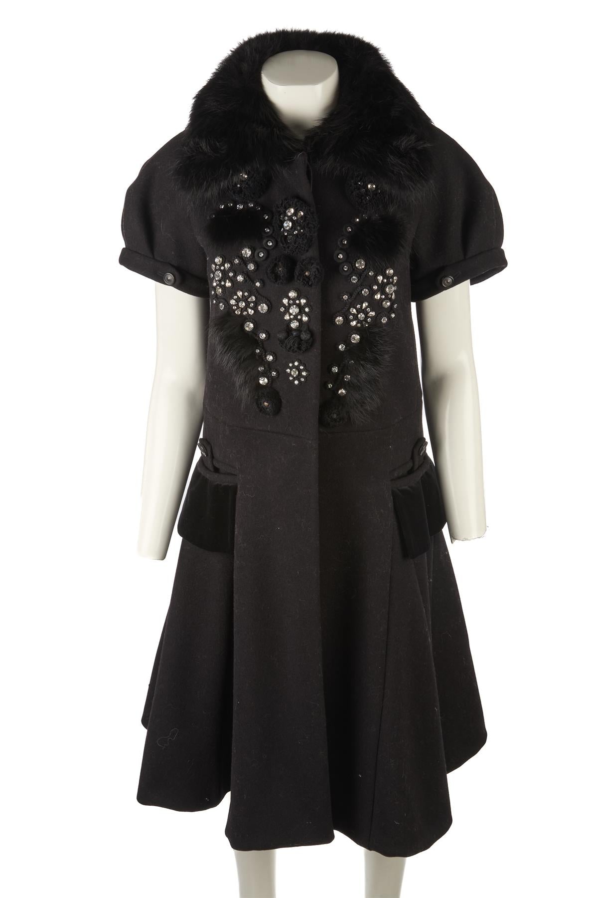 CHLOÉ BLACK 2008 FOX FUR AND WOOL COAT FR 36 UK 8