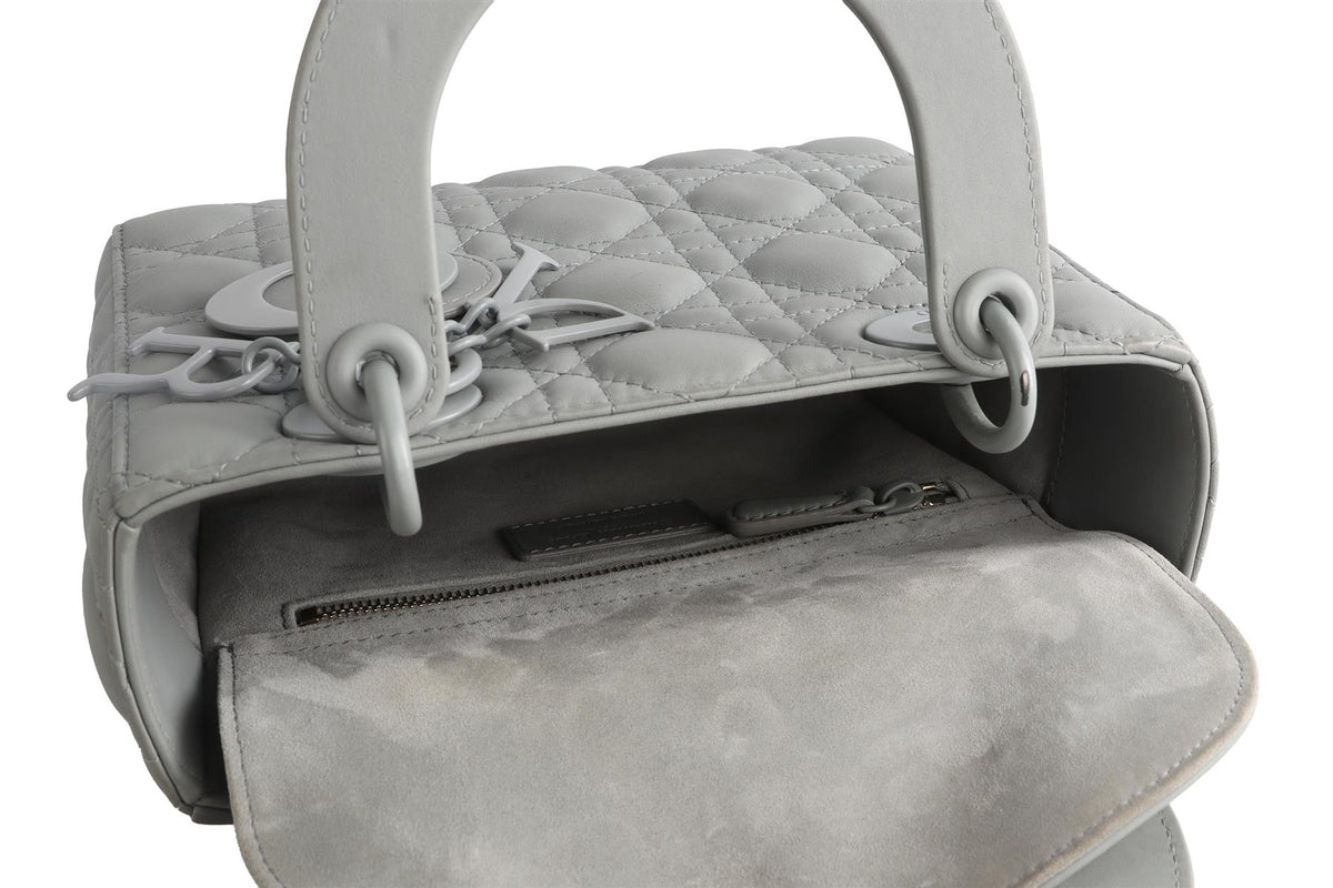 CHRISTIAN DIOR GREY LADY DIOR MY ABCDIOR SMALL ULTRAMATTE CANNAGE LEATHER TOTE BAG