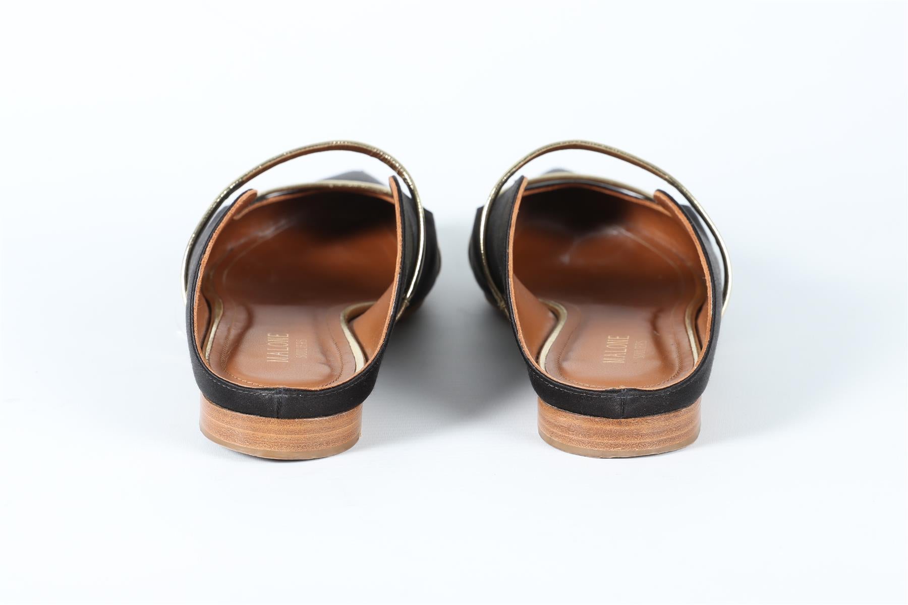 MALONE SOULIER BLACK LEATHER AND SATIN MULES EU 40 UK 7 US 10