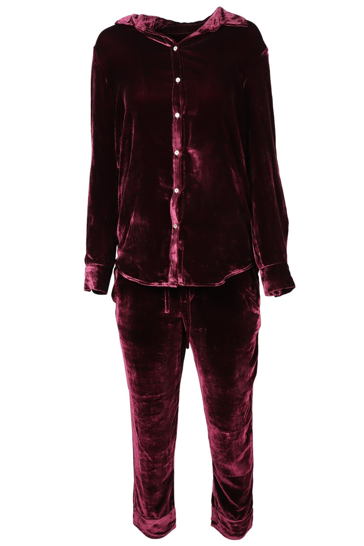 ASCENO BURGUNDY VELVET SHIRT AND TROUSERS SET XSMALL