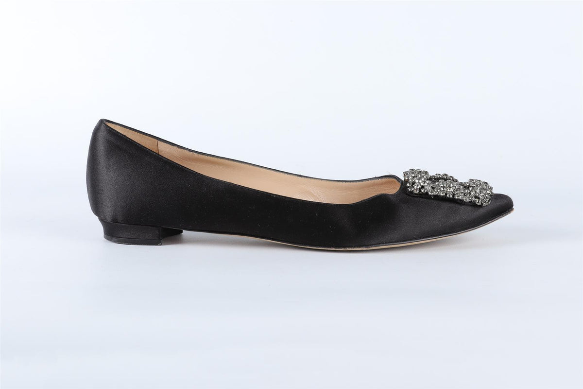 MANOLO BLAHNIK BLACK HANGISI CRYSTAL AND SATIN BALLET FLATS