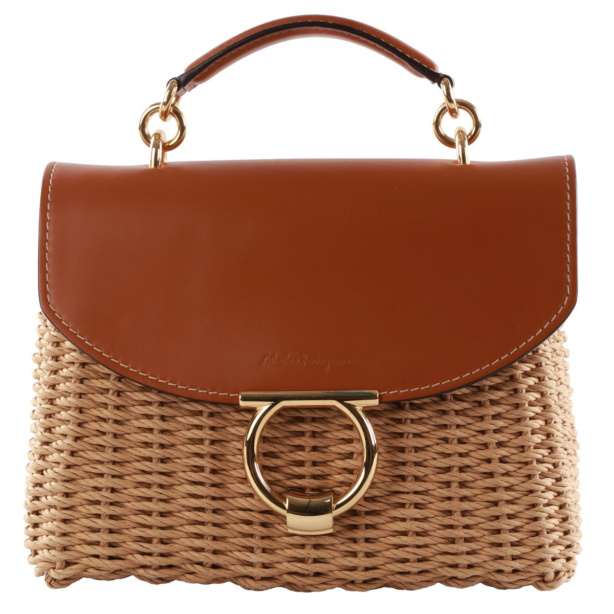 SALVATORE FERRAGAMO TAN MARGOT WICKER TOTE BAG