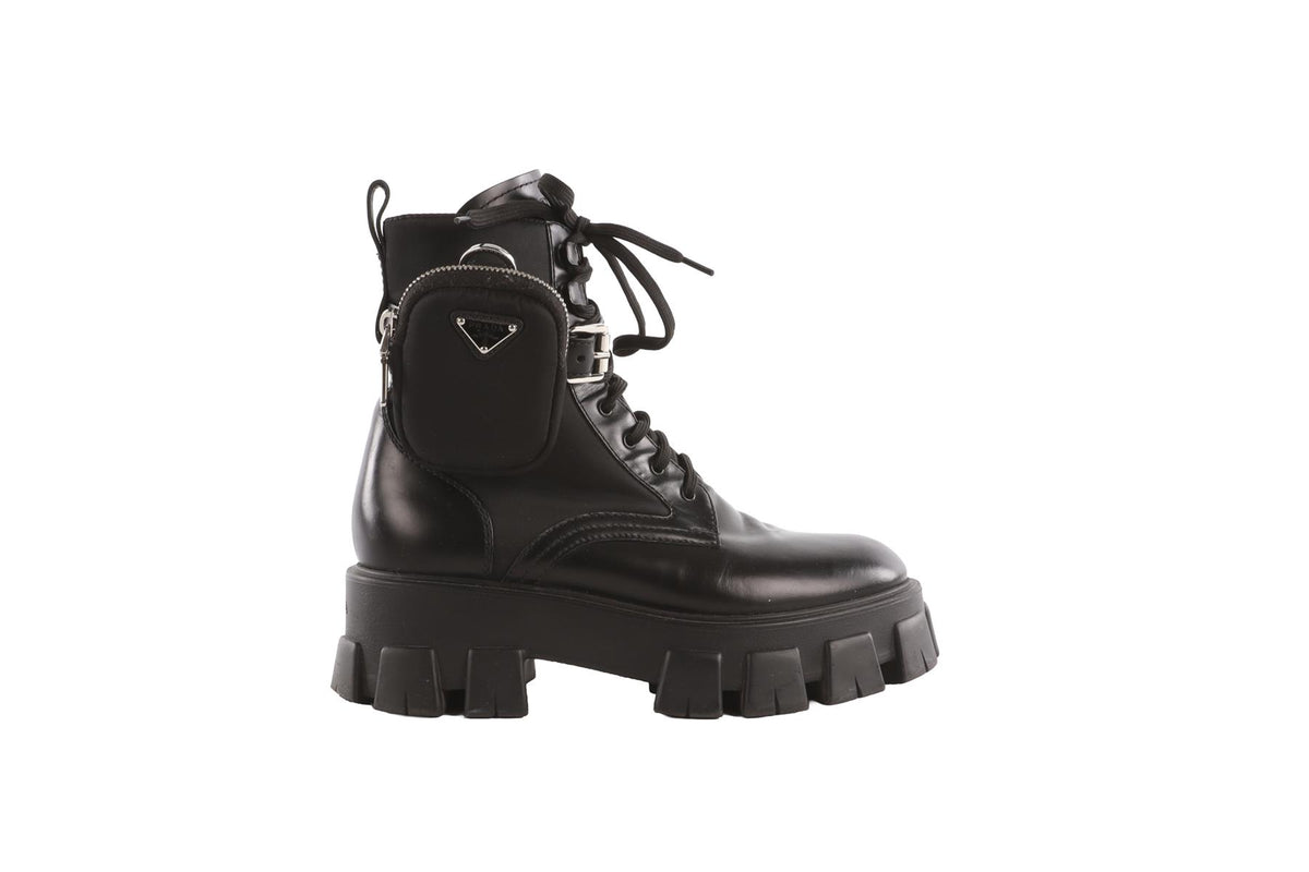 PRADA BLACK MONOLITH NYLON AND LEATHER ANKLE BOOTS EU 39 UK 6 US 9