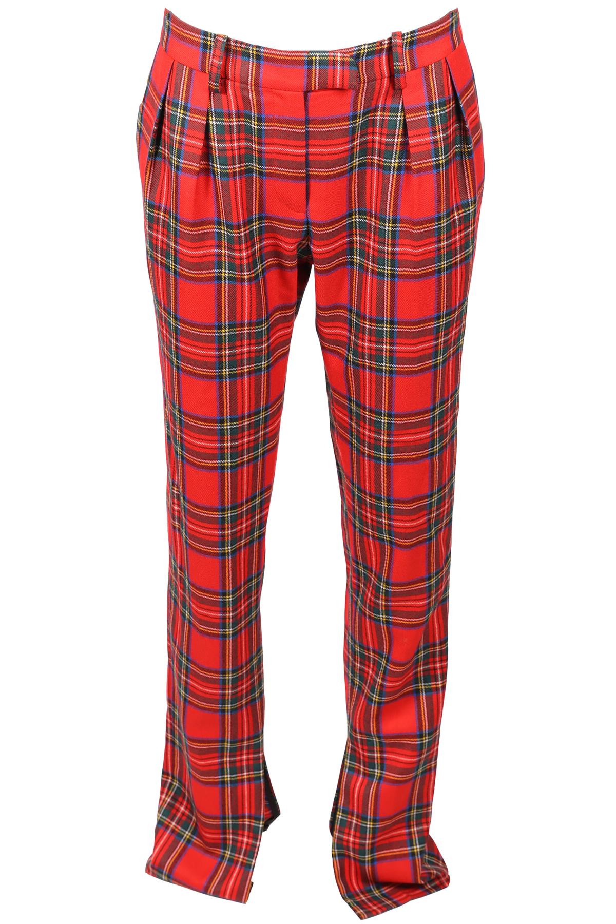 PREEN BY THORNTON BREGAZZI RED CHECKED SILK BLEND STRAIGHT LEG PANTS SMALL