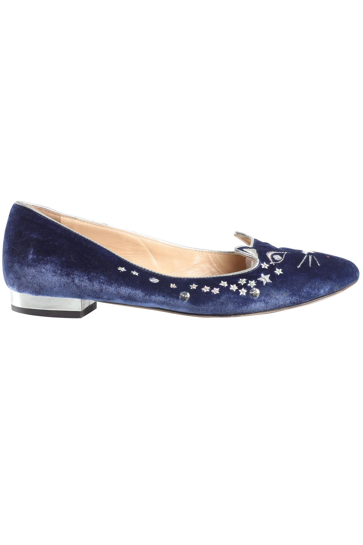 CHARLOTTE OLYMPIA BLUE VELVET BALLET FLATS EU 37.5 UK 4.5 US 7.5