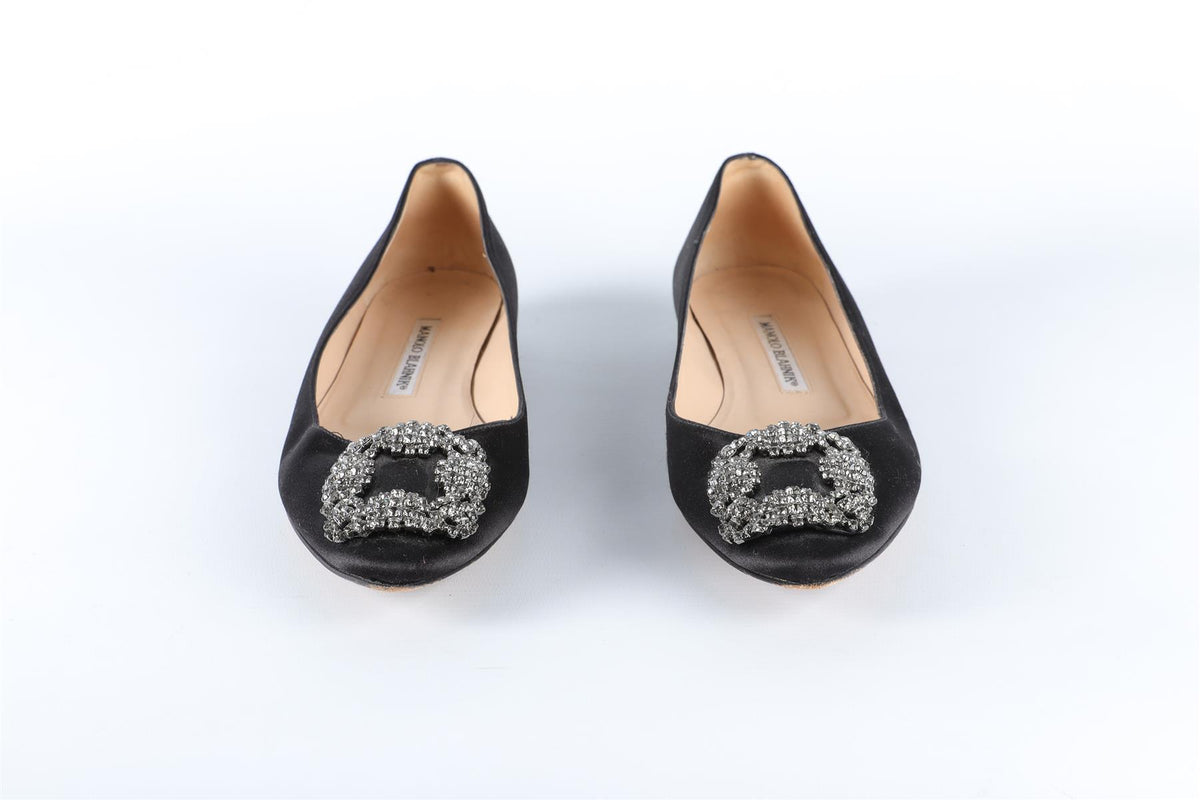 MANOLO BLAHNIK BLACK HANGISI CRYSTAL AND SATIN BALLET FLATS