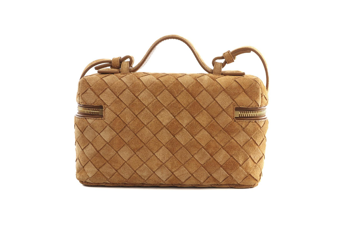 BOTTEGA VENETA TAN BANG BANG VANITY MINI INTRECCIATO SUEDE TOTE BAG