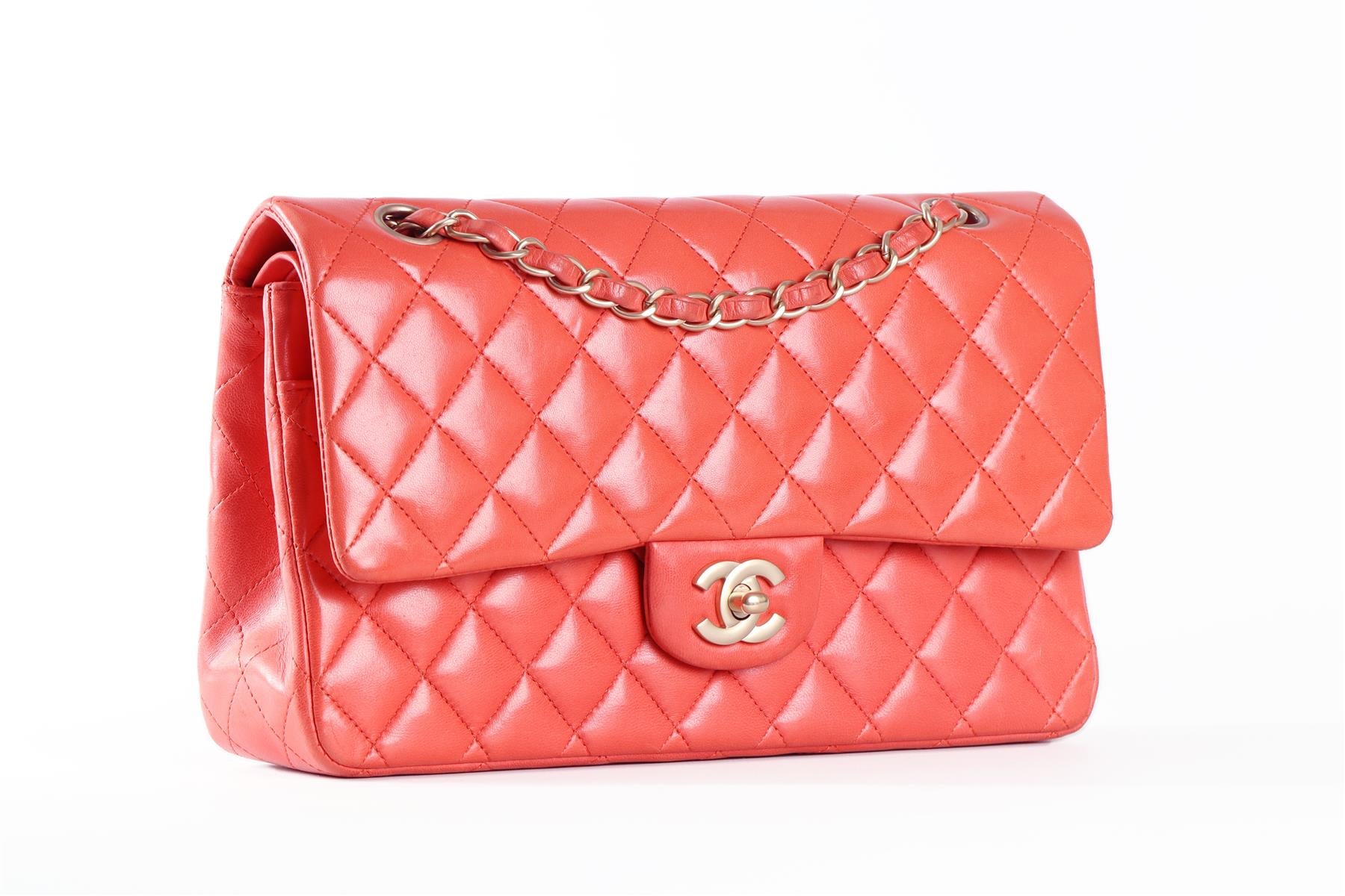 CHANEL ORANGE 2010 CLASSIC DOUBLE FLAP MEDIUM QUILTED LEATHER SHOULDER BAG