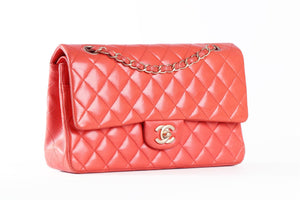 CHANEL ORANGE 2010 CLASSIC DOUBLE FLAP MEDIUM QUILTED LEATHER SHOULDER BAG