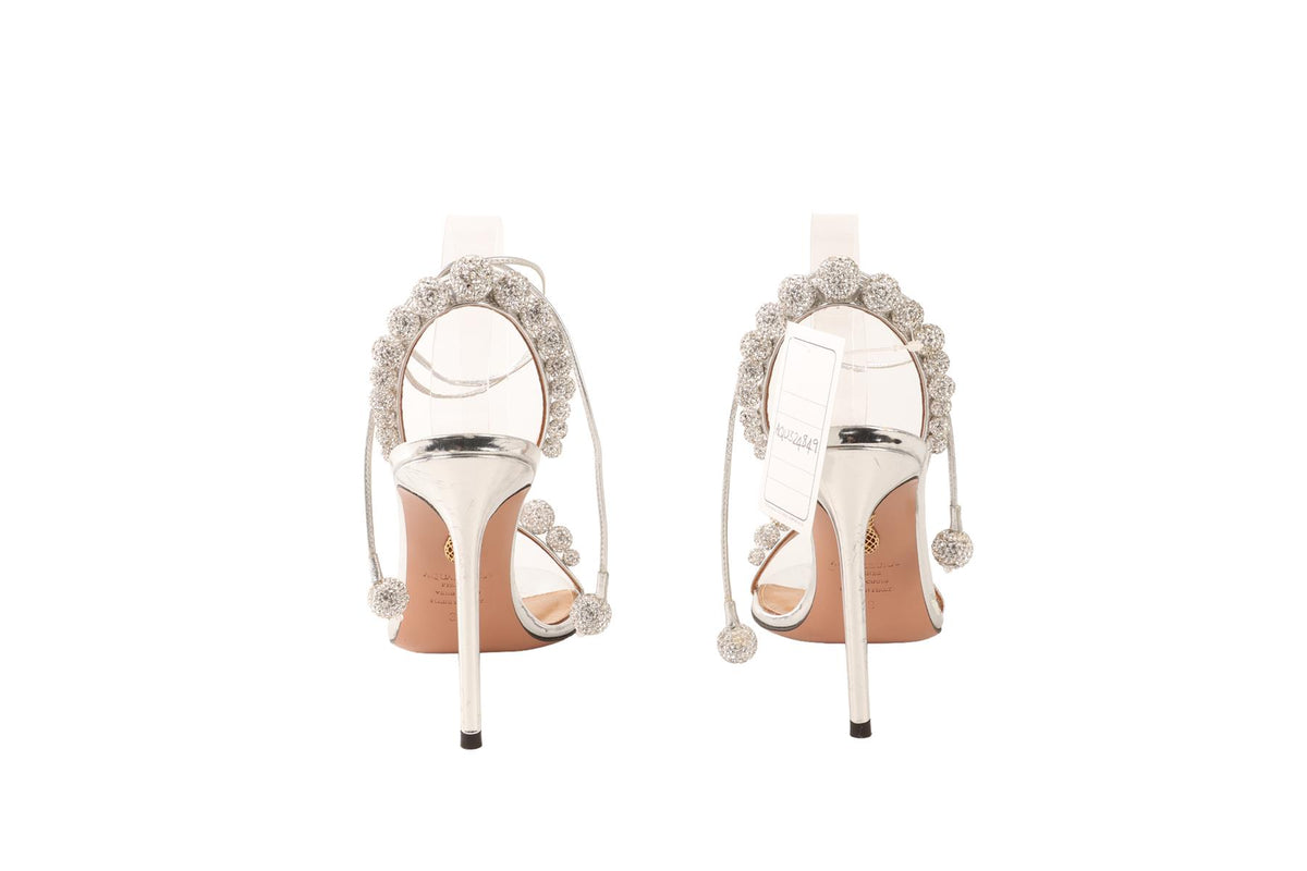 AQUAZZURA SILVER CRYSTAL AND LEATHER SANDALS EU 39 UK 6 US 9