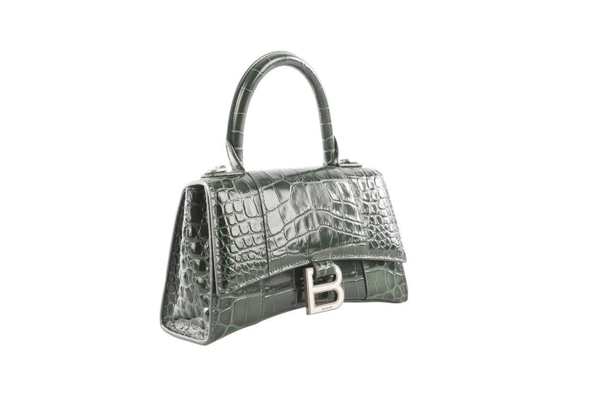 BALENCIAGA GREEN HOURGLASS XS LEATHER TOTE BAG