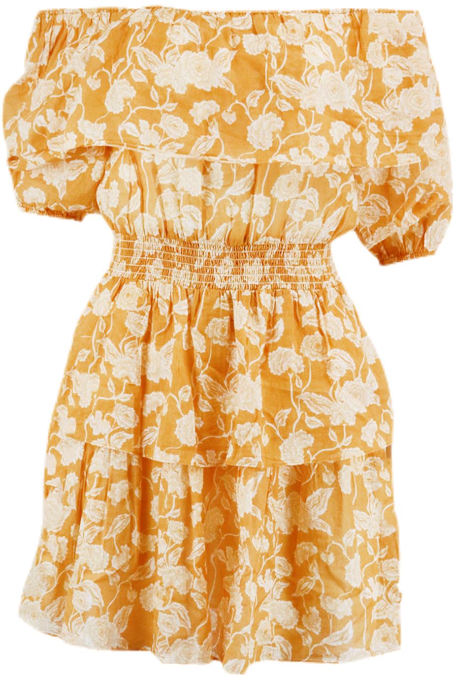 MIGUELINA OFF THE SHOULDER SHIRRED FLORAL PRINT COTTON MINI DRESS SMALL