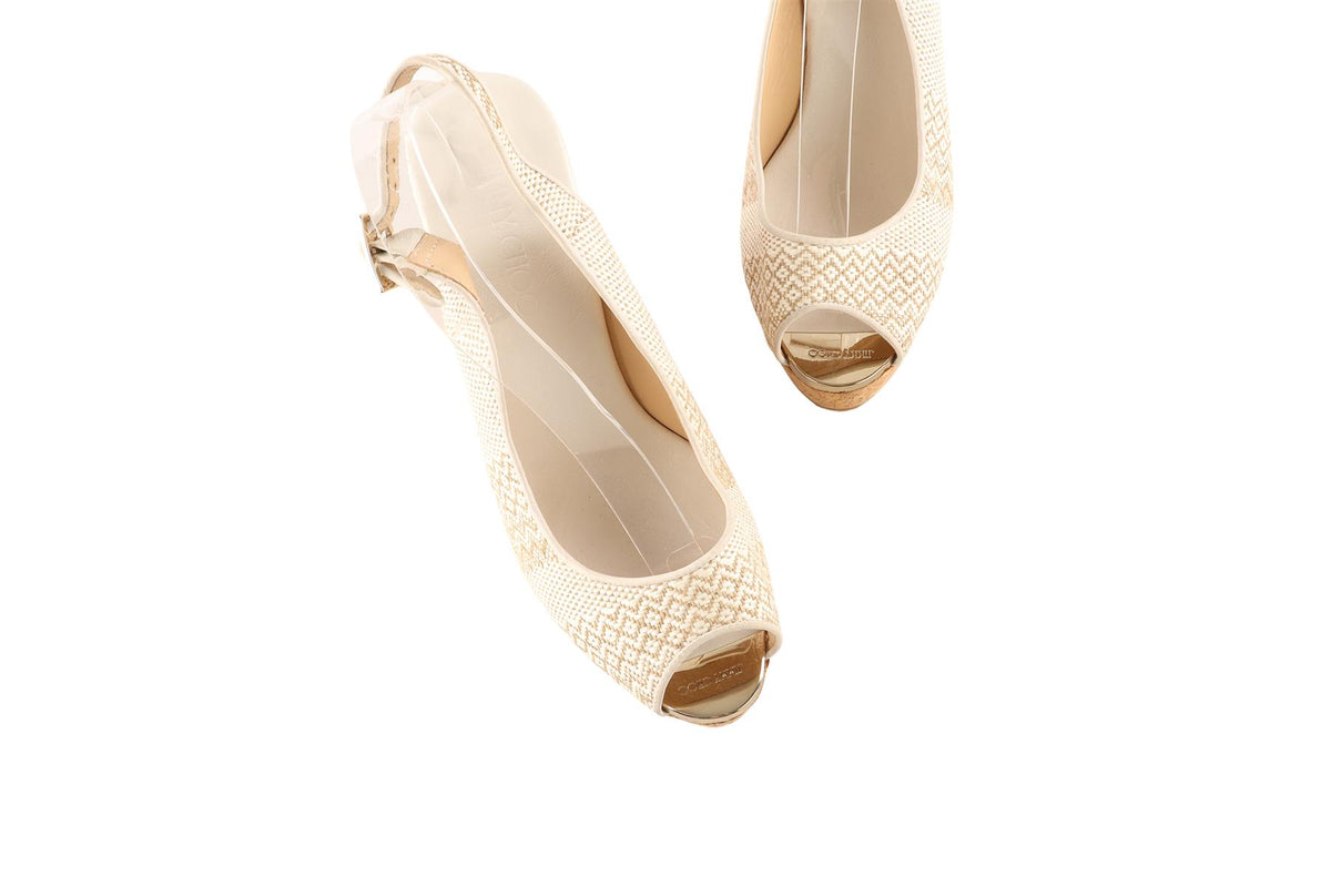 JIMMY CHOO WHITE FABRIC WEDGE SANDALS EU 39.5 UK 6.5 US 9.5