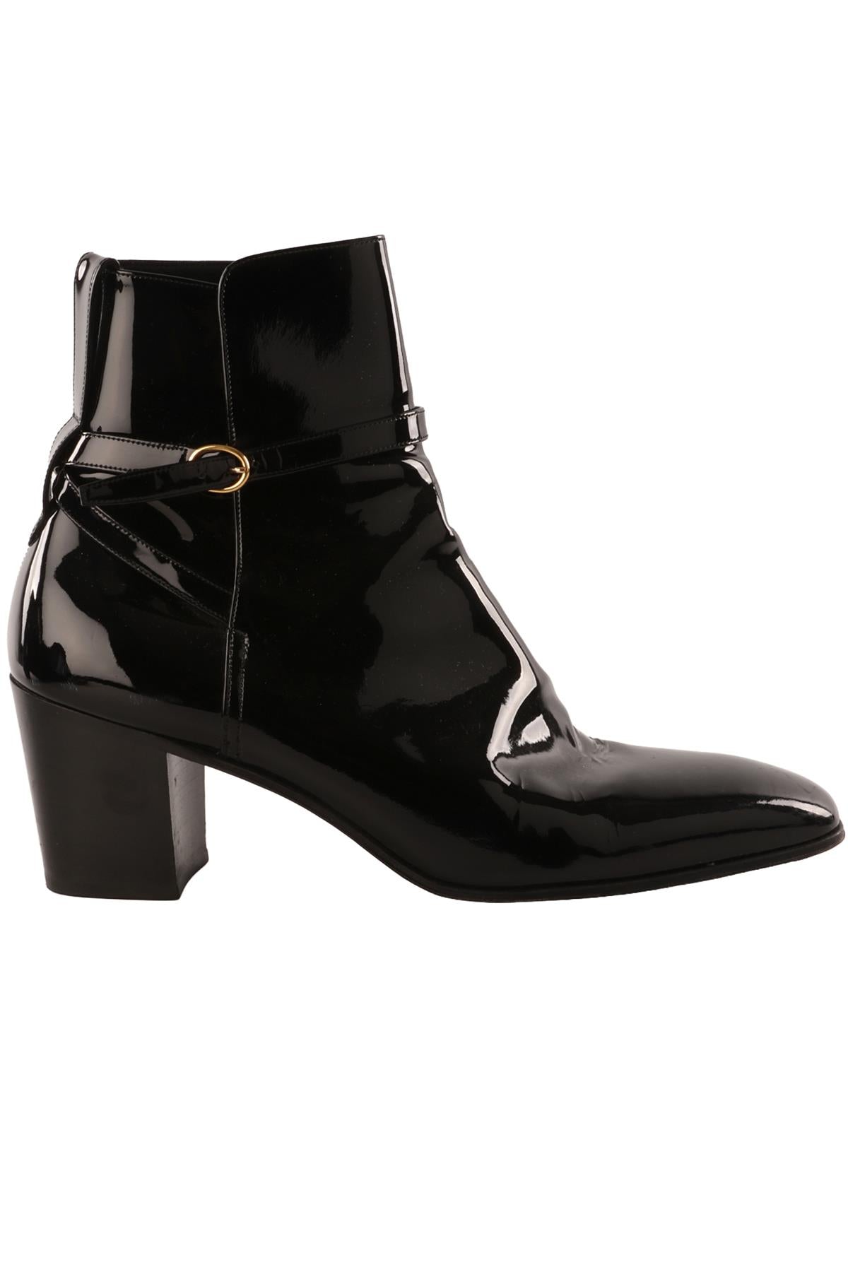 SAINT LAURENT BLACK MEN'S PATENT LEATHER ANKLE BOOTS EU 44 UK 10 US 11