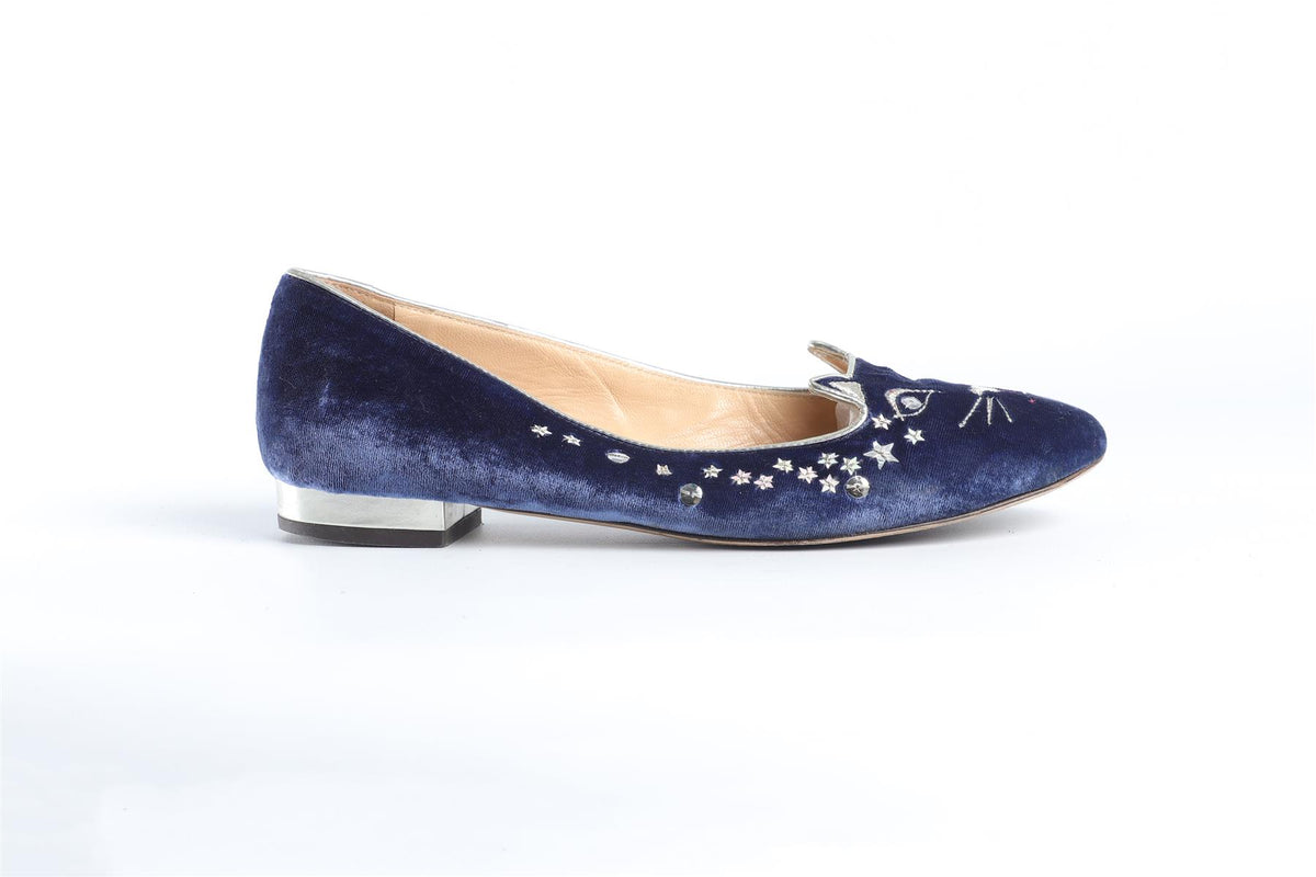 CHARLOTTE OLYMPIA BLUE VELVET BALLET FLATS EU 37.5 UK 4.5 US 7.5