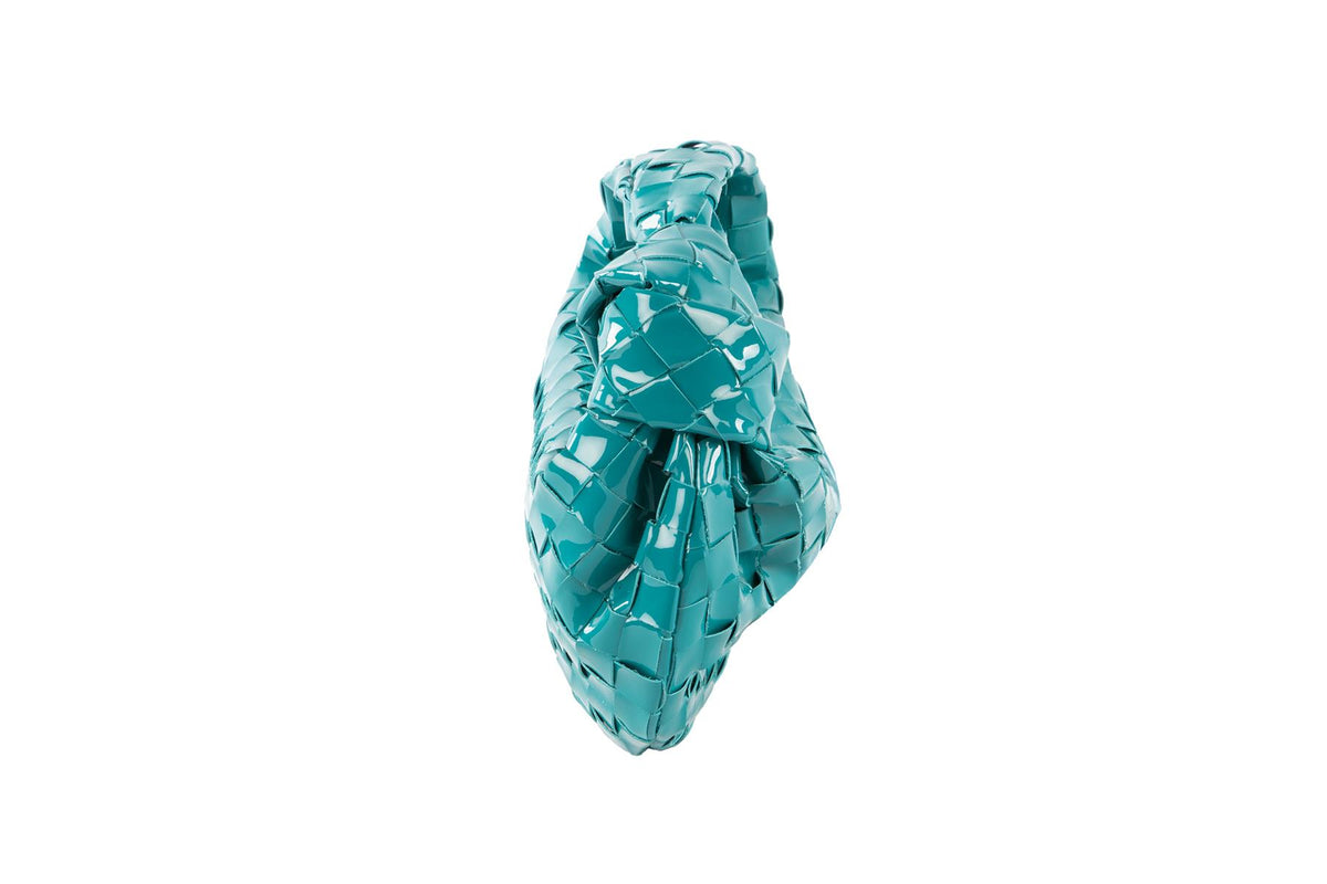 BOTTEGA VENETA BLUE JODIE MINI INTRECCIATO PATENT LEATHER TOTE BAG