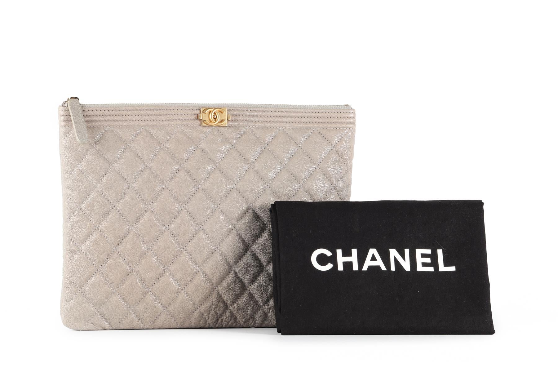 CHANEL GREY 2019 BOY O CASE MEDIUM QUILTED CAVIAR LEATHER CLUTCH