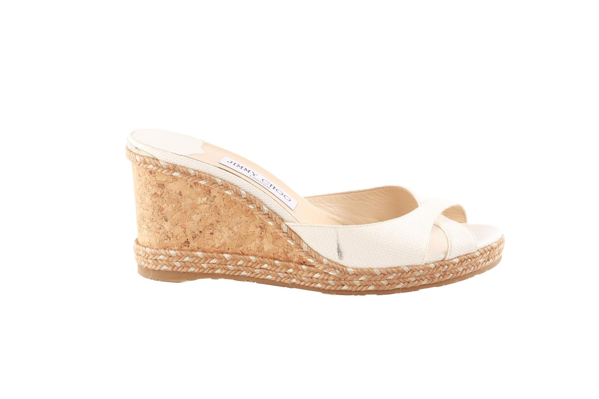 JIMMY CHOO WHITE RAFFIA WEDGE MULES EU 39 UK 6 US 9