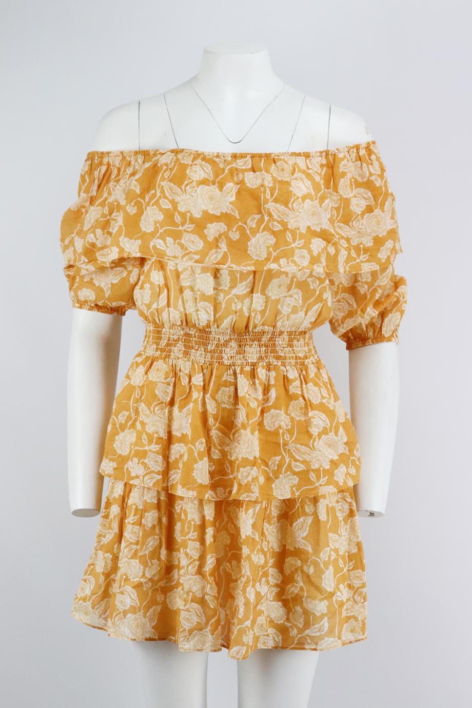 MIGUELINA OFF THE SHOULDER SHIRRED FLORAL PRINT COTTON MINI DRESS SMALL