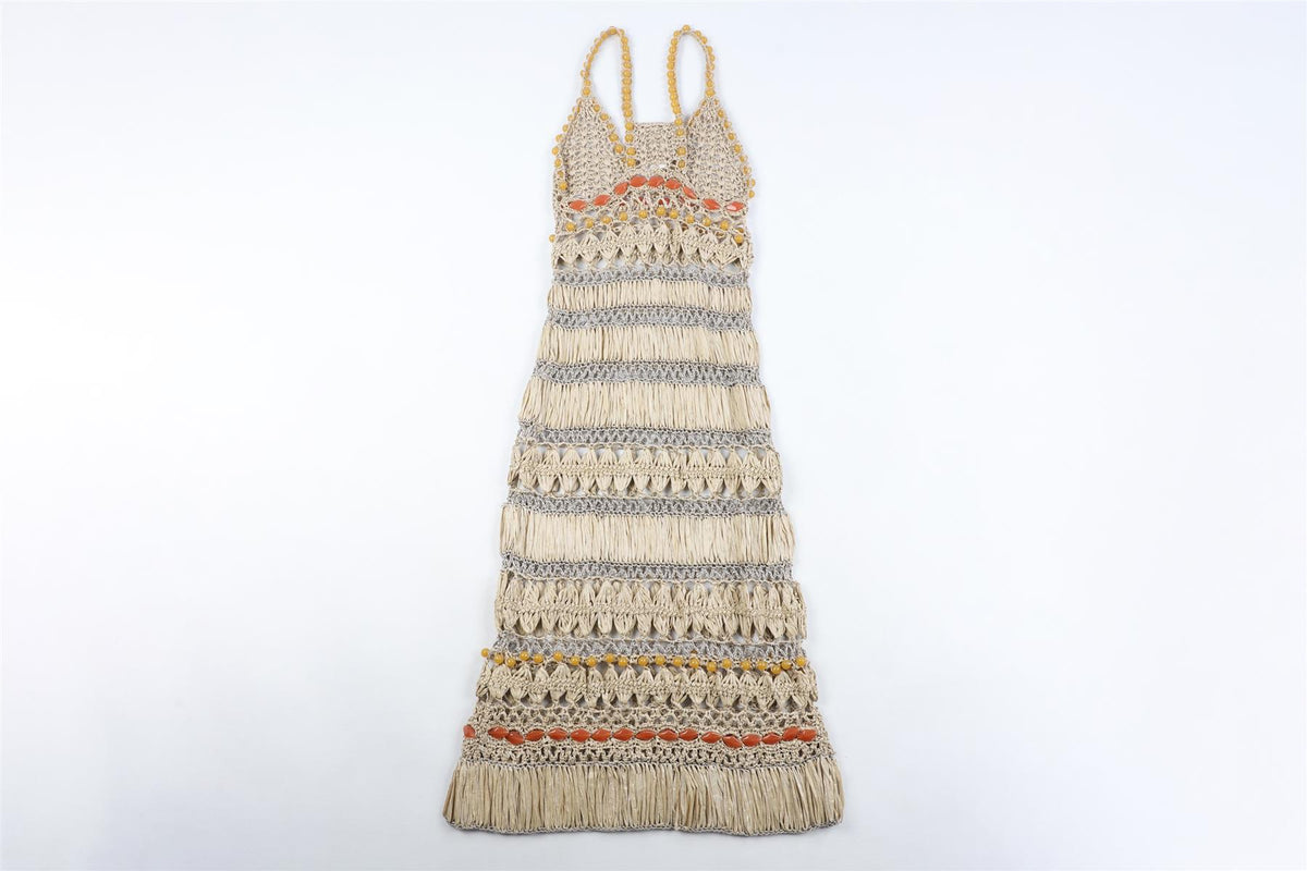 ALBERTA FERRETI BEIGE CROCHET MAXI DRESS UK 8