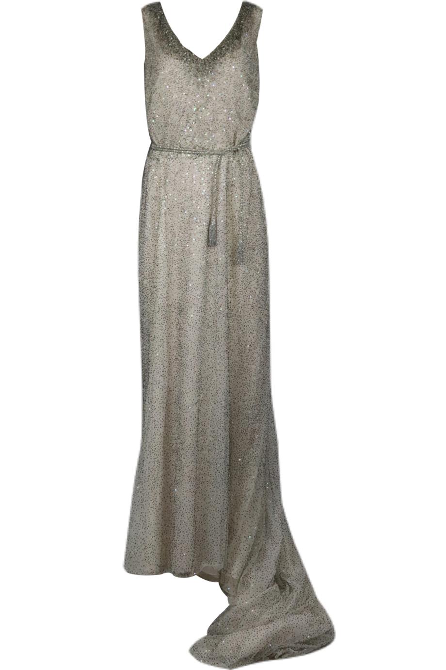 DENNIS BASSO BELTED BEAD EMBELLISHED TULLE AND SILK GOWN UK 18