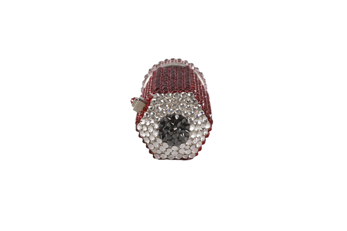 JUDITH LEIBER RED CRYSTAL AND SILVER TONE PILL BOX