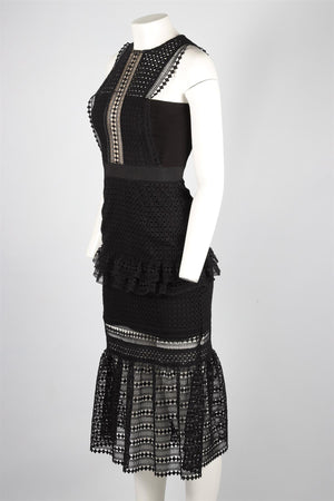 SELF-PORTRAIT BLACK CROCHET MIDI DRESS UK 8