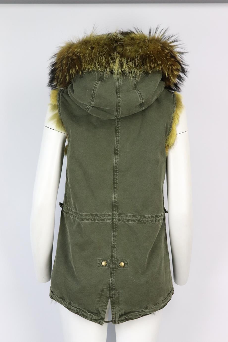 GOLD RUSH HOODED FOX FUR LINED COTTON CANVAS GILET IT 42 UK 10