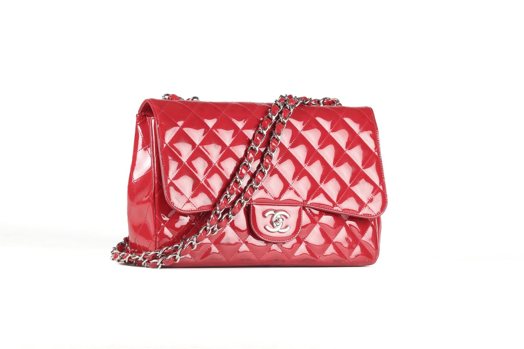 CHANEL RED 2010 CLASSIC JUMBO SINGLE FLAP PATENT LEATHER SHOULDER BAG