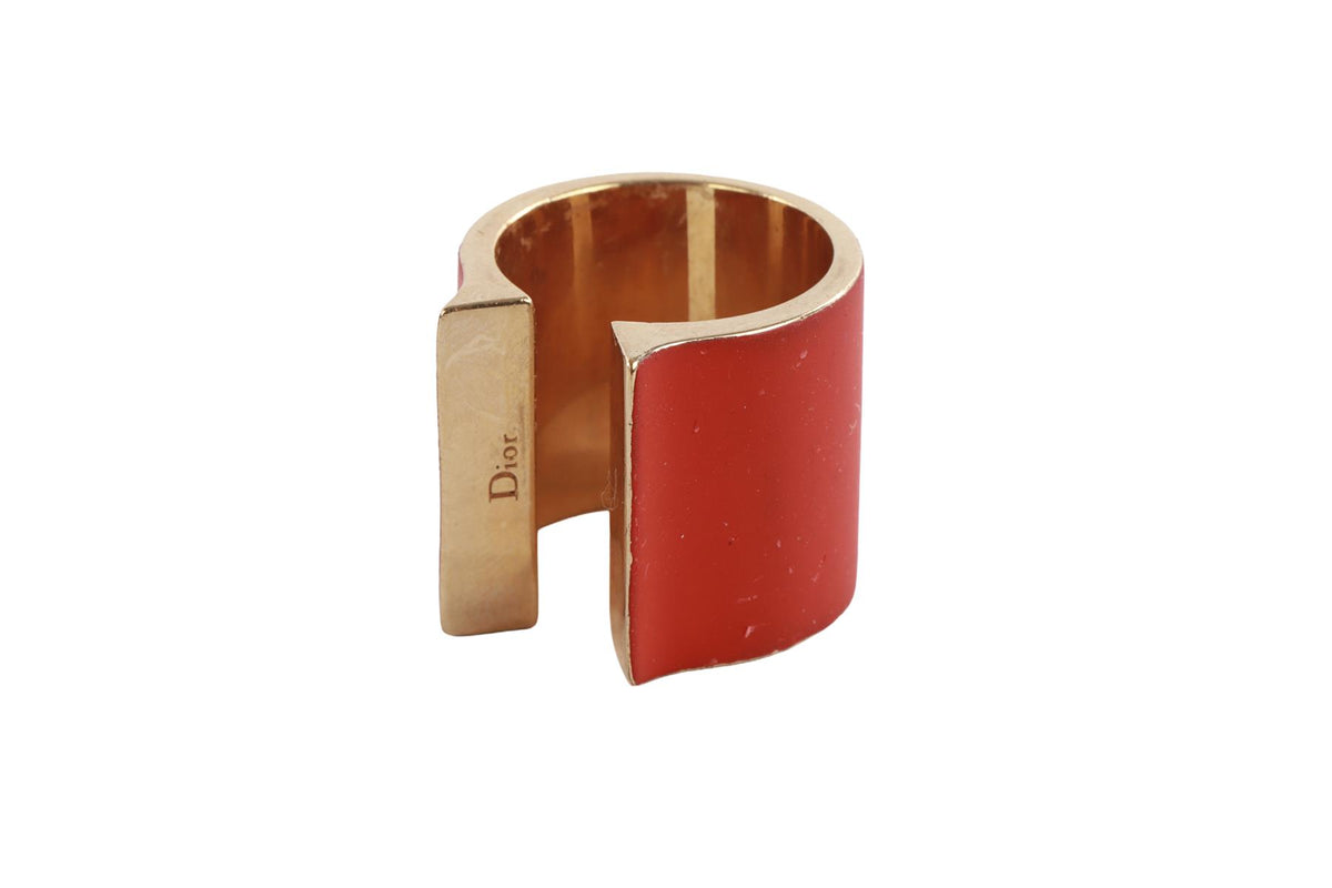 CHRISTIAN DIOR RED LACQUER AND GOLD TONE RING MEDIUM