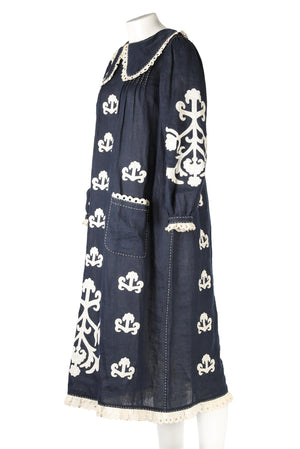 VITA KIN NAVY LINEN MIDI DRESS XSMALL