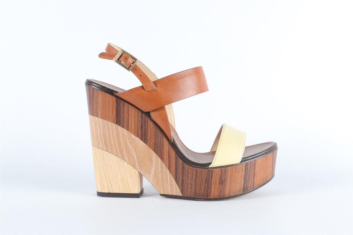 JIMMY CHOO BROWN LEATHER WEDGE SANDALS EU 38.5, UK 5.5, US 8.5