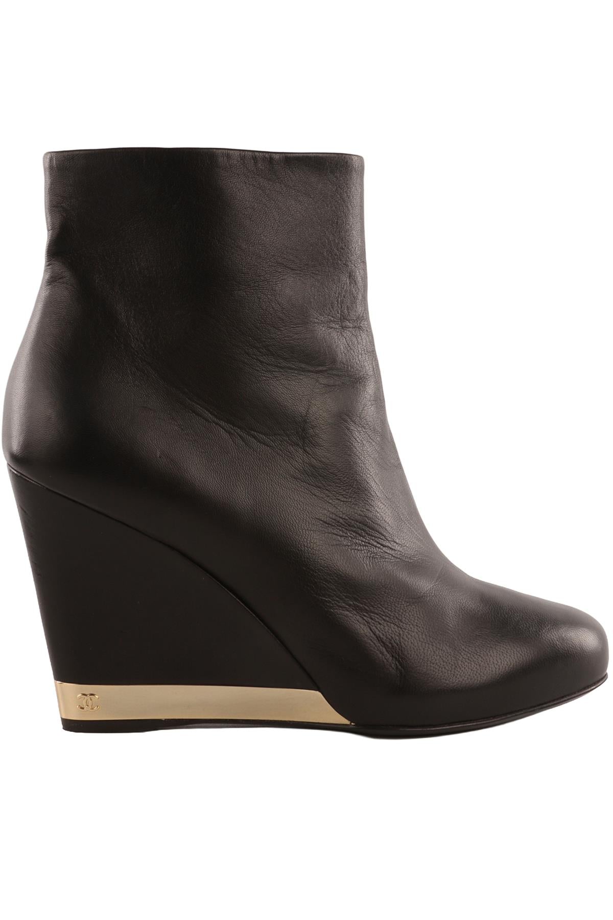 CHANEL BLACK 2015 LEATHER WEDGE ANKLE BOOTS EU 37.5 UK 4.5 US 7.5