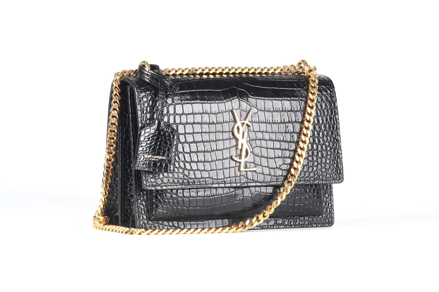 SAINT LAURENT BLACK SUNSET MEDIUM CROC EFFECT LEATHER SHOULDER BAG